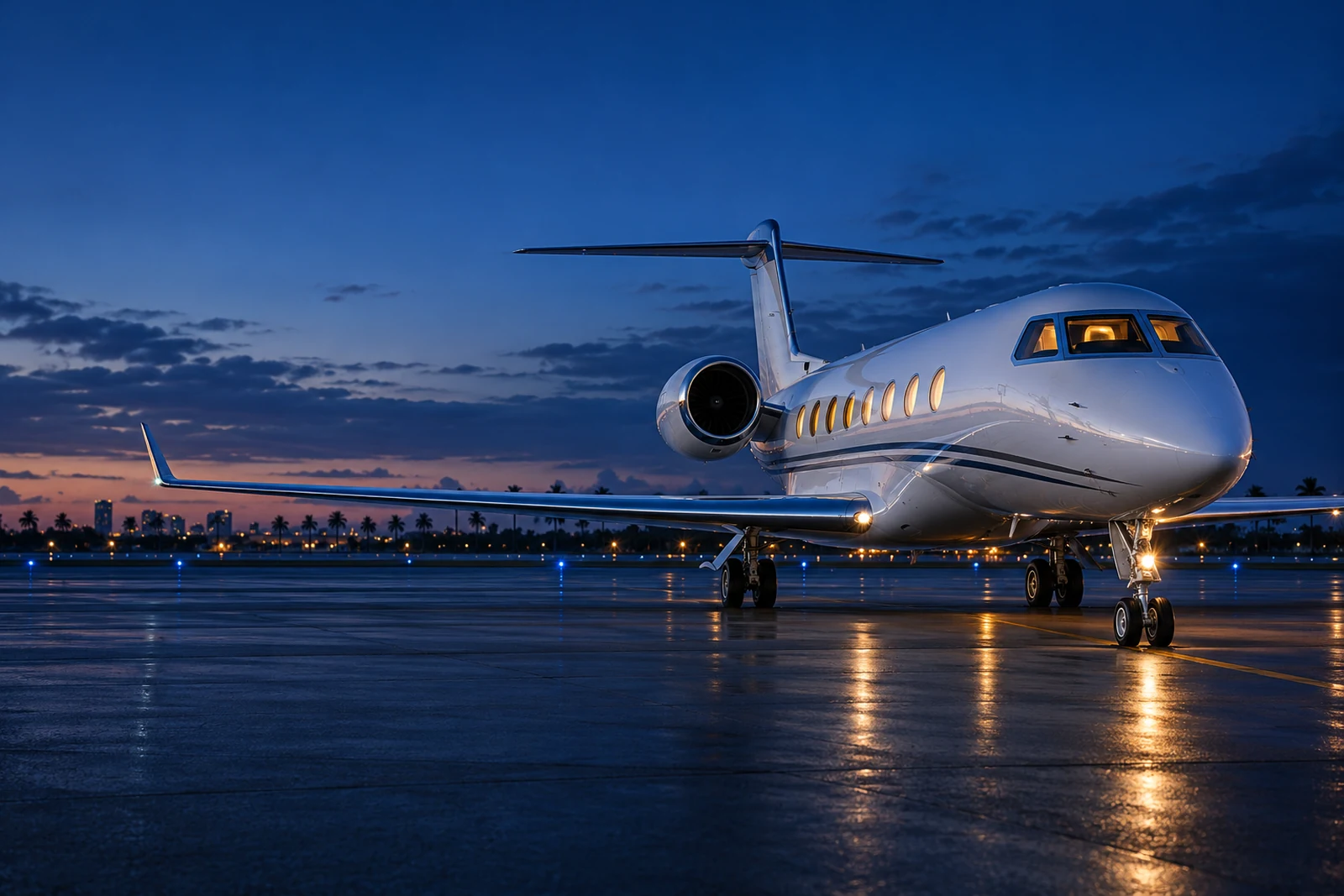 White business jet on a Florida-inspired airport apron at blue hour