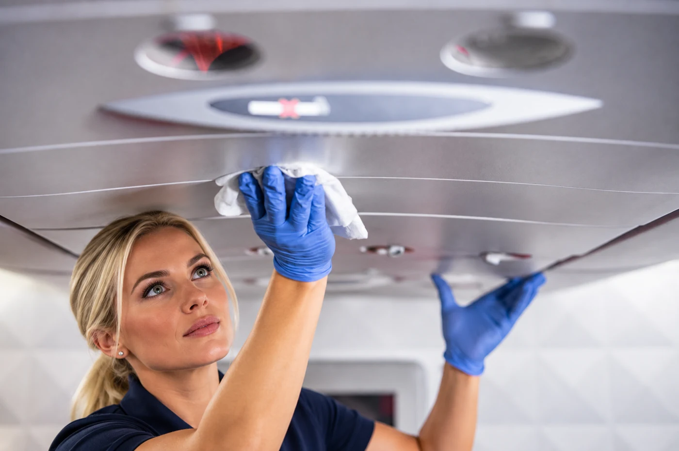Blonde aircraft-care professional wiping an overhead cabin panel with a cloth