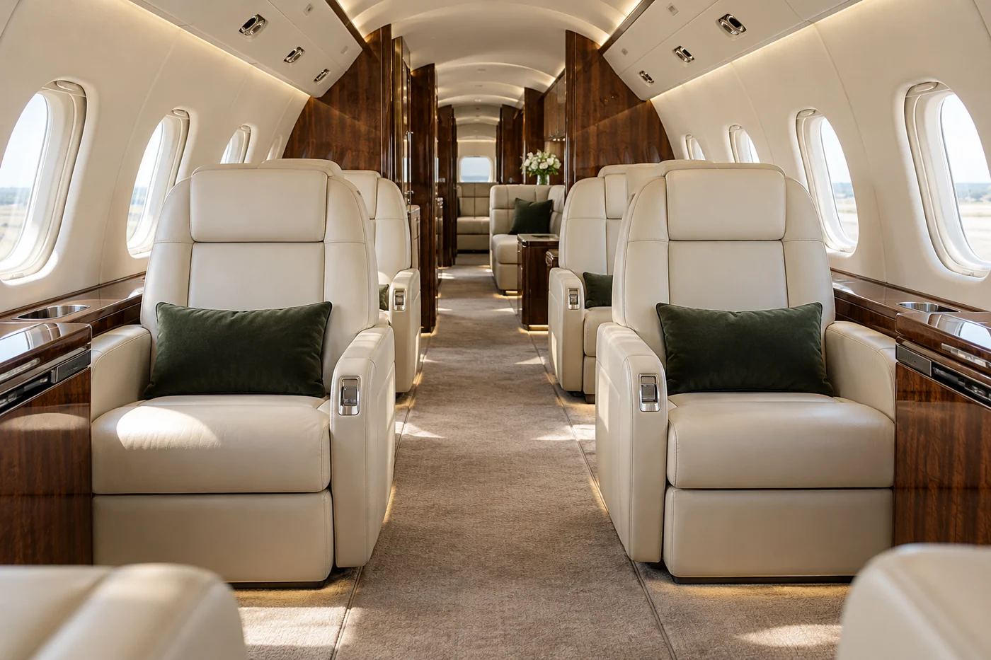 Clean business jet cabin with ivory seating and an unobstructed aisle