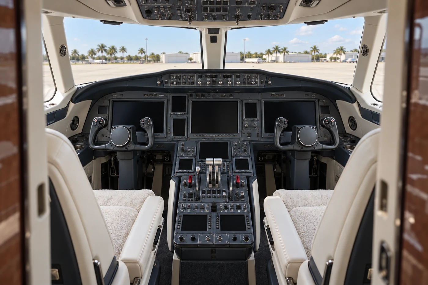 Clean business jet flight deck with two pilot seats and organized instrument panels