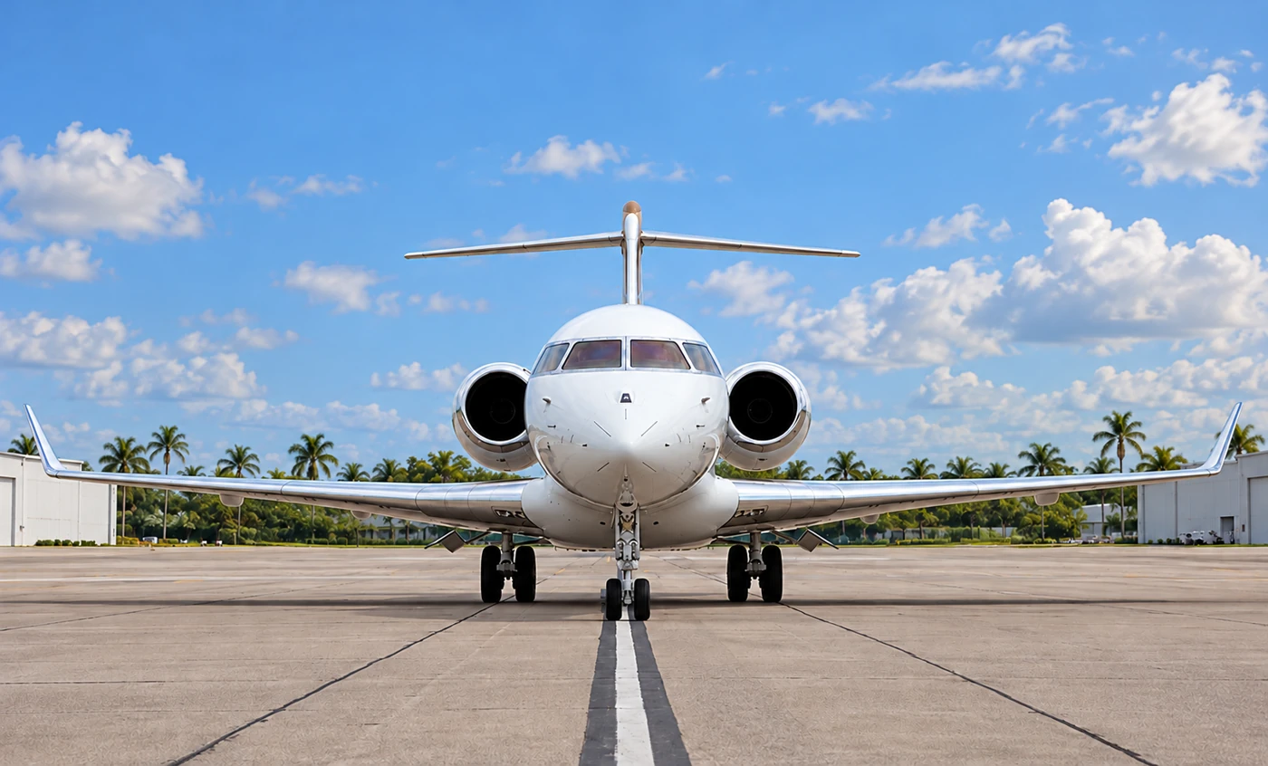 Full front view of a Global 5000 with both wings visible on a palm-lined South Florida airport apron