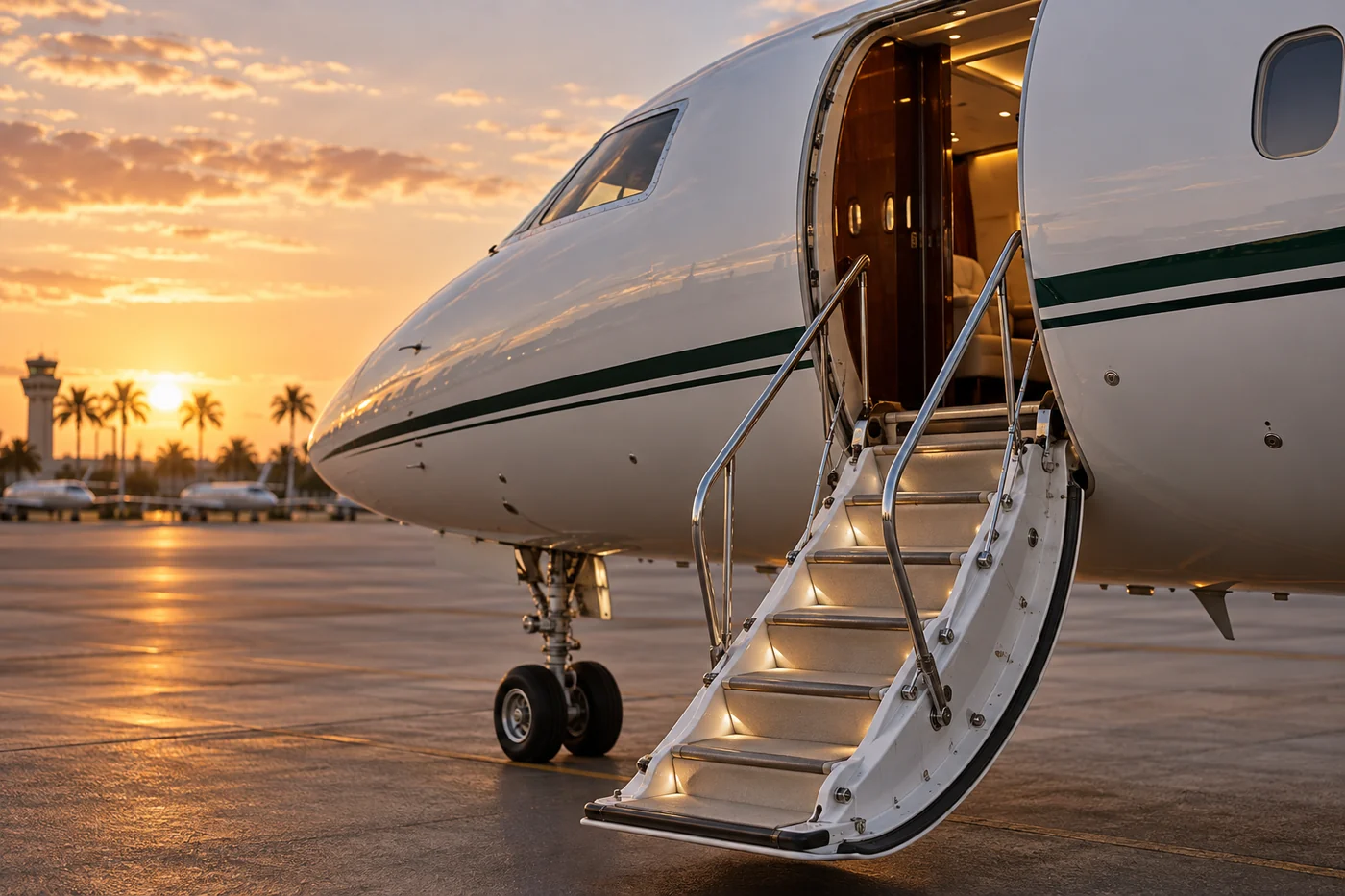 Business jet boarding stairs on a South Florida airport apron at sunset